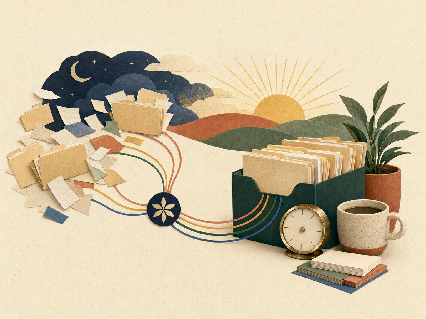 Editorial collage of case files, a deadline clock, and firm systems becoming organized